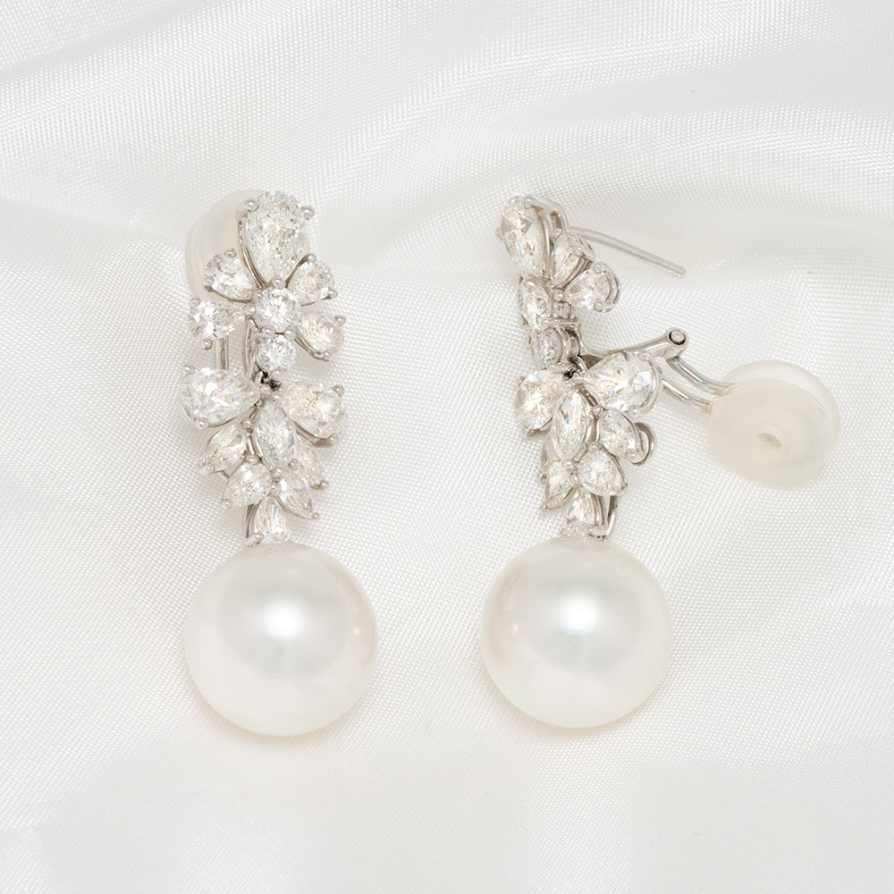 14.0-15.0 mm White South Sea Pearl and Diamond Earrings