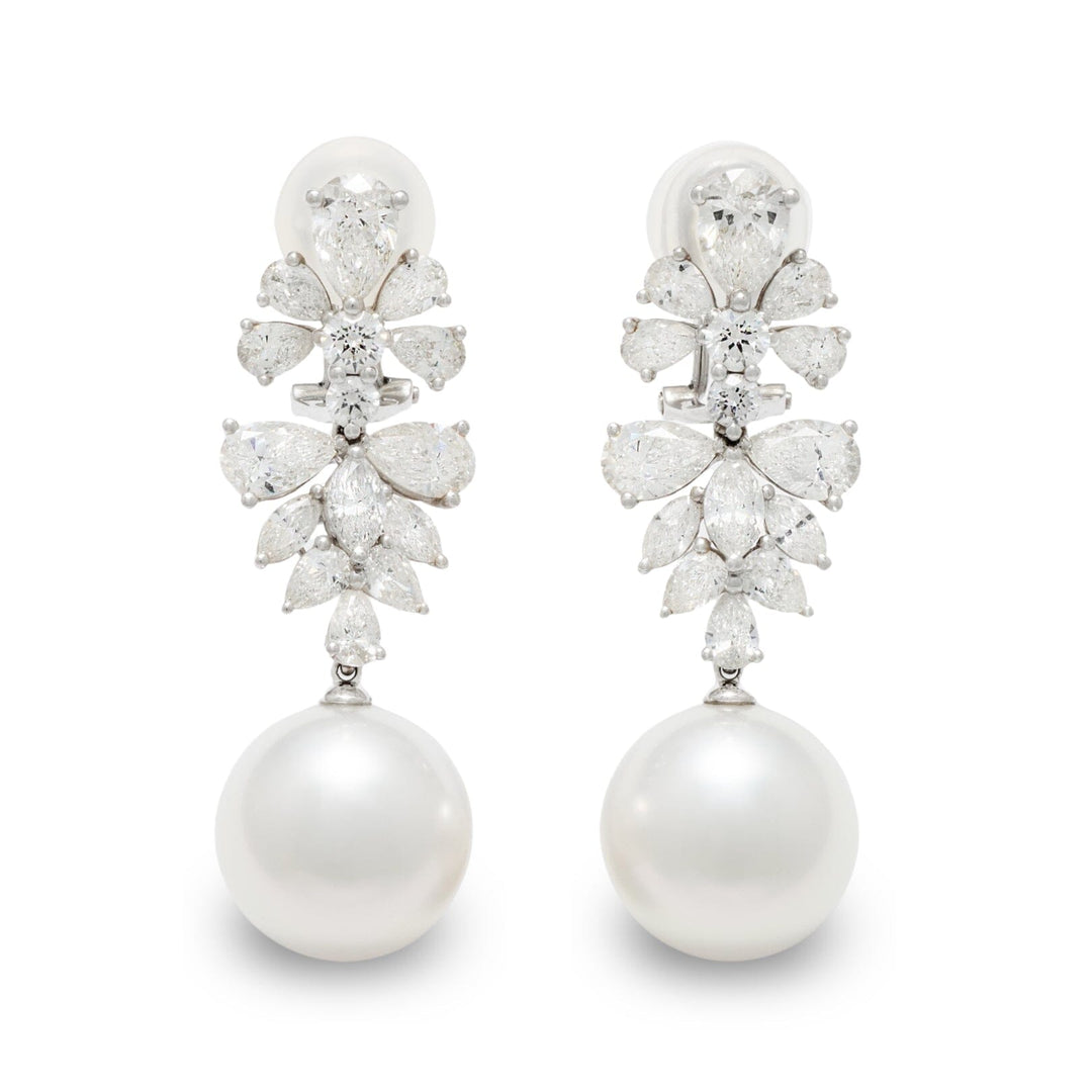 14.0-15.0 mm White South Sea Pearl and Diamond Earrings