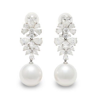 14.0-15.0 mm White South Sea Pearl and Diamond Earrings