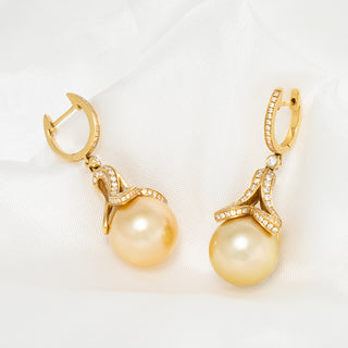 12.0-13.0 mm Golden South Sea Drop Pearl and Diamond Earrings