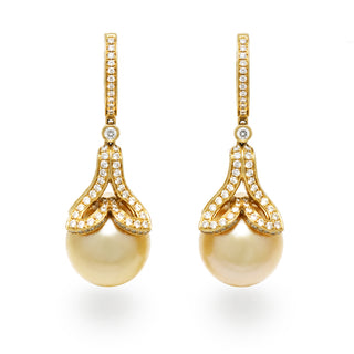 12.0-13.0 mm Golden South Sea Drop Pearl and Diamond Earrings