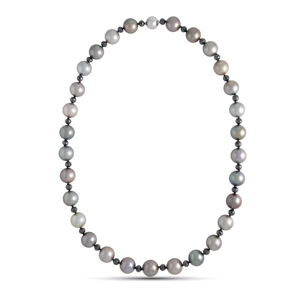 15.0–16.4 mm AAA Tahitian Round Pearl and Black Diamond Necklace, 27 inches