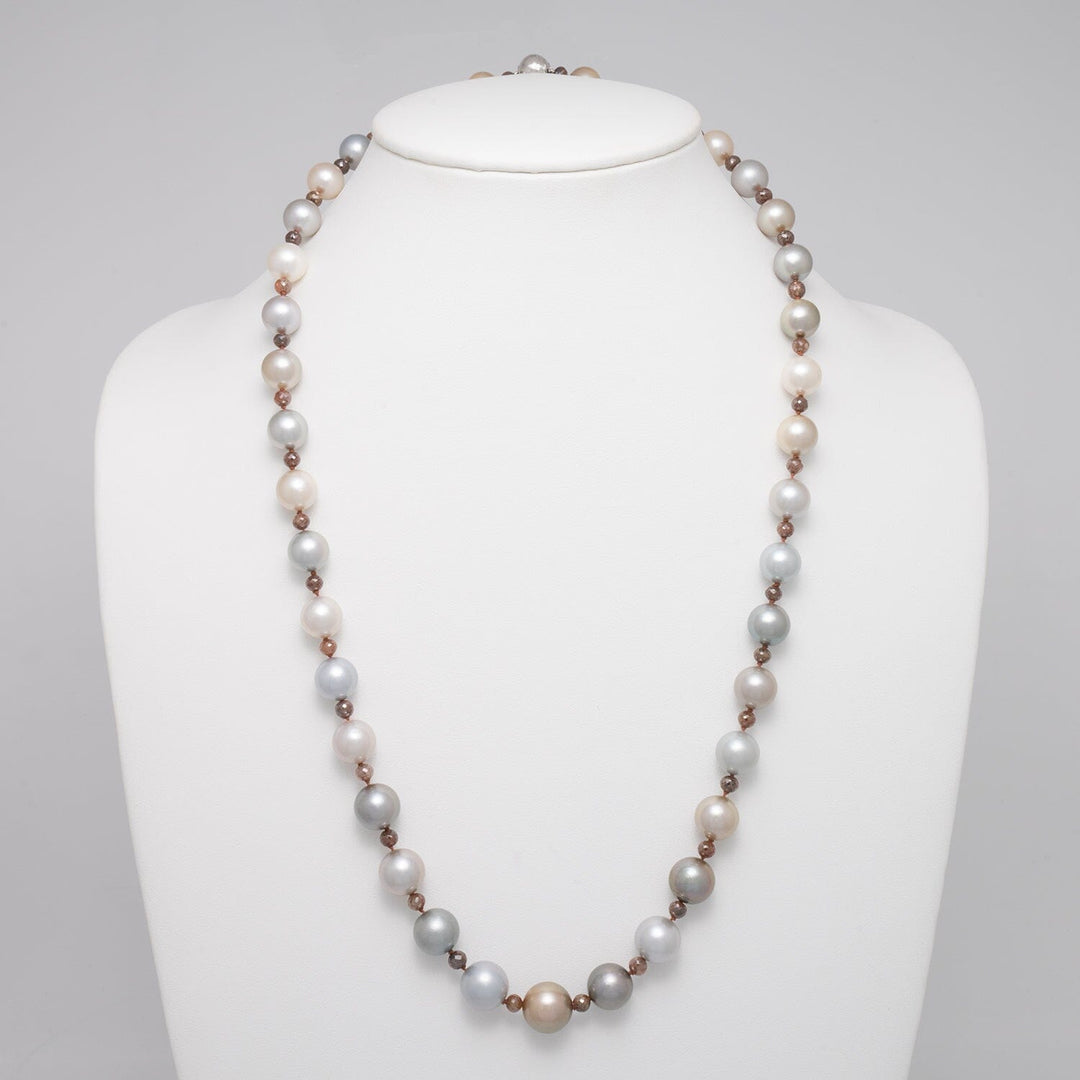 10.1–12.8 mm AAA Tahitian Round Pearl and Brown Diamond Necklace, 25 inches on bust