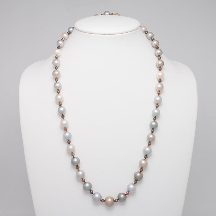 10.1–12.8 mm AAA Tahitian Round Pearl and Brown Diamond Necklace, 25 inches on bust