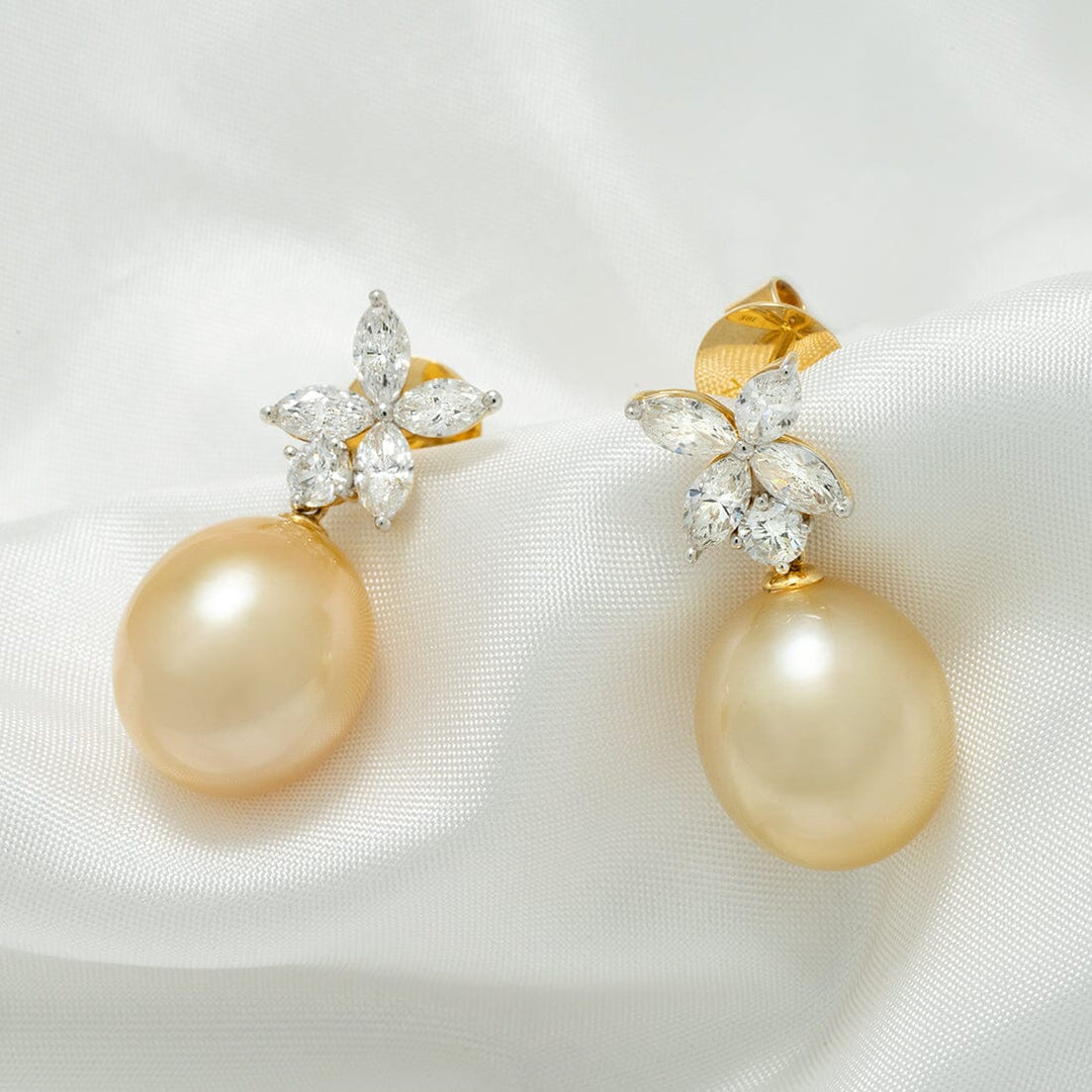 13.0-14.0 mm Golden South Sea Pearl and Diamond Earrings