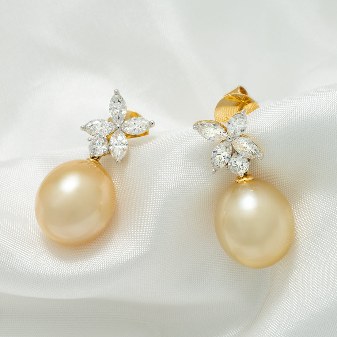 13.0-14.0 mm Golden South Sea Pearl and Diamond Earrings