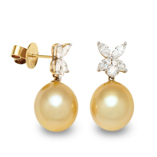 13.0-14.0 mm Golden South Sea Pearl and Diamond Earrings