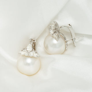 14.0-15.0 mm White South Sea Pearl and Diamond Earrings