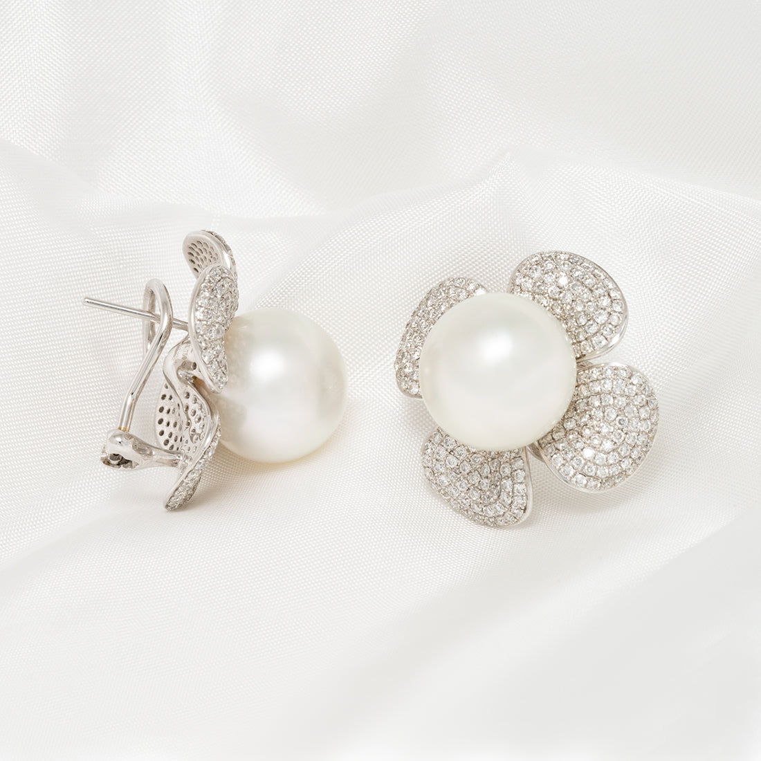 13.0-14.0 mm White South Sea Pearl and Diamond Flower Earrings