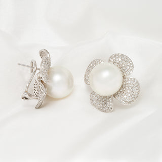 13.0-14.0 mm White South Sea Pearl and Diamond Flower Earrings