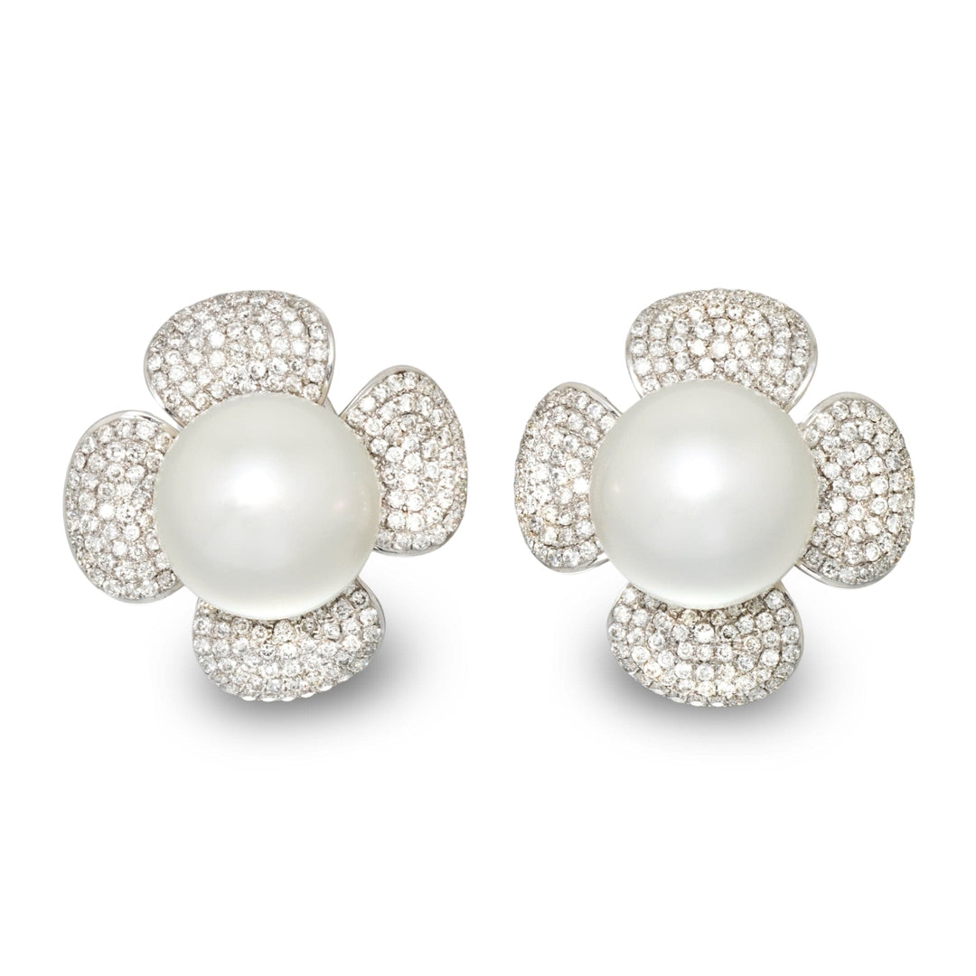 13.0-14.0 mm White South Sea Pearl and Diamond Flower Earrings