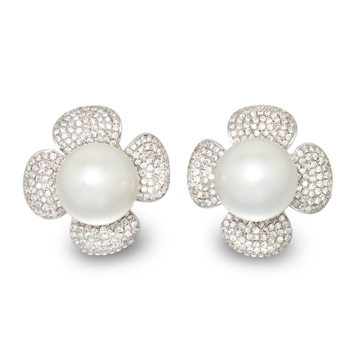 13.0-14.0 mm White South Sea Pearl and Diamond Flower Earrings