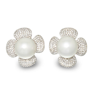 13.0-14.0 mm White South Sea Pearl and Diamond Flower Earrings