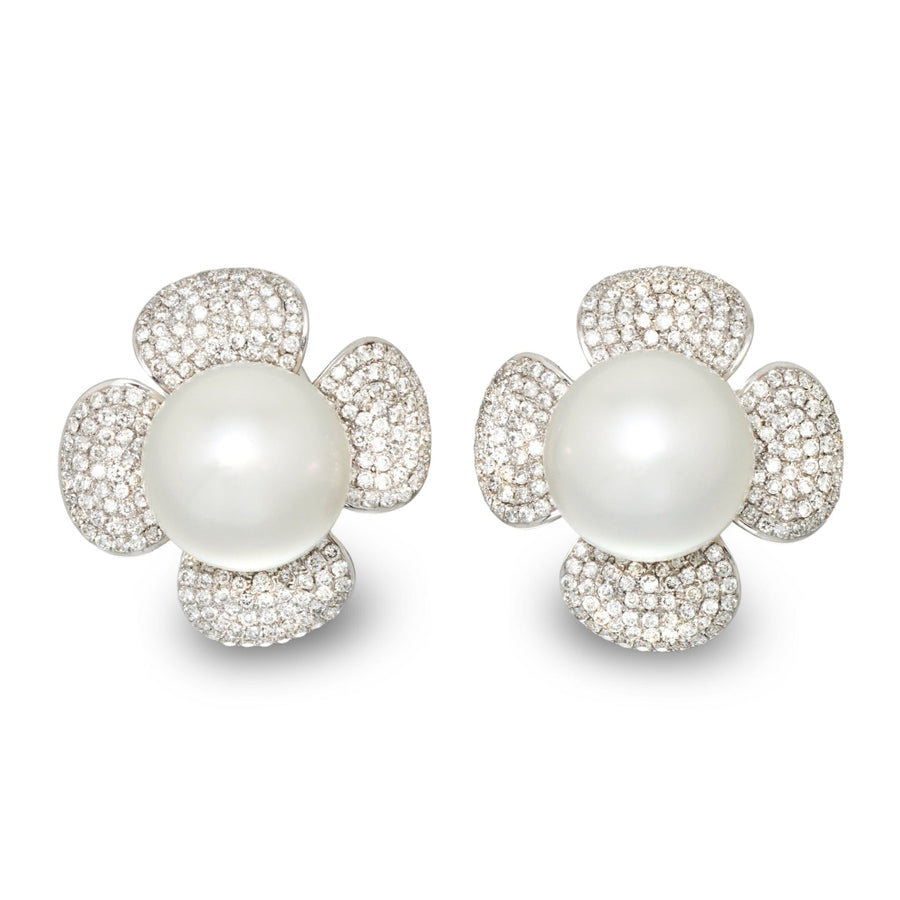 13.0-14.0 mm White South Sea Pearl and Diamond Flower Earrings
