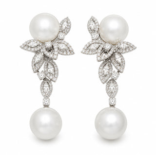 14.0-15.0 mm White South Sea Pearl and Diamond Earrings