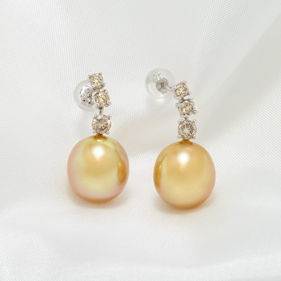 10.0-11.0 mm Golden South Sea Drop Pearl and Diamond Earrings