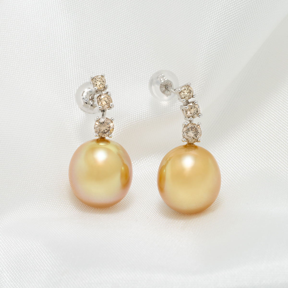 10.0-11.0 mm Golden South Sea Drop Pearl and Diamond Earrings