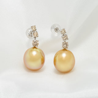 10.0-11.0 mm Golden South Sea Drop Pearl and Diamond Earrings