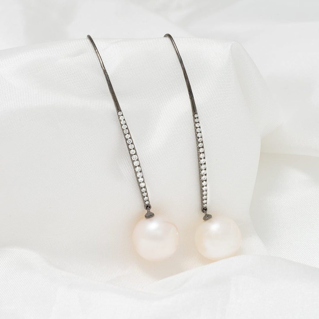 11.0-12.0 mm White Freshwater Pearl and Diamond Drop Earrings