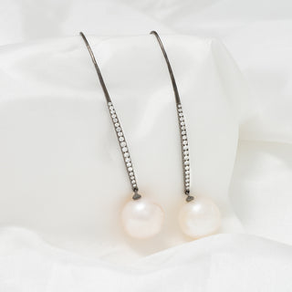 11.0-12.0 mm White Freshwater Pearl and Diamond Drop Earrings