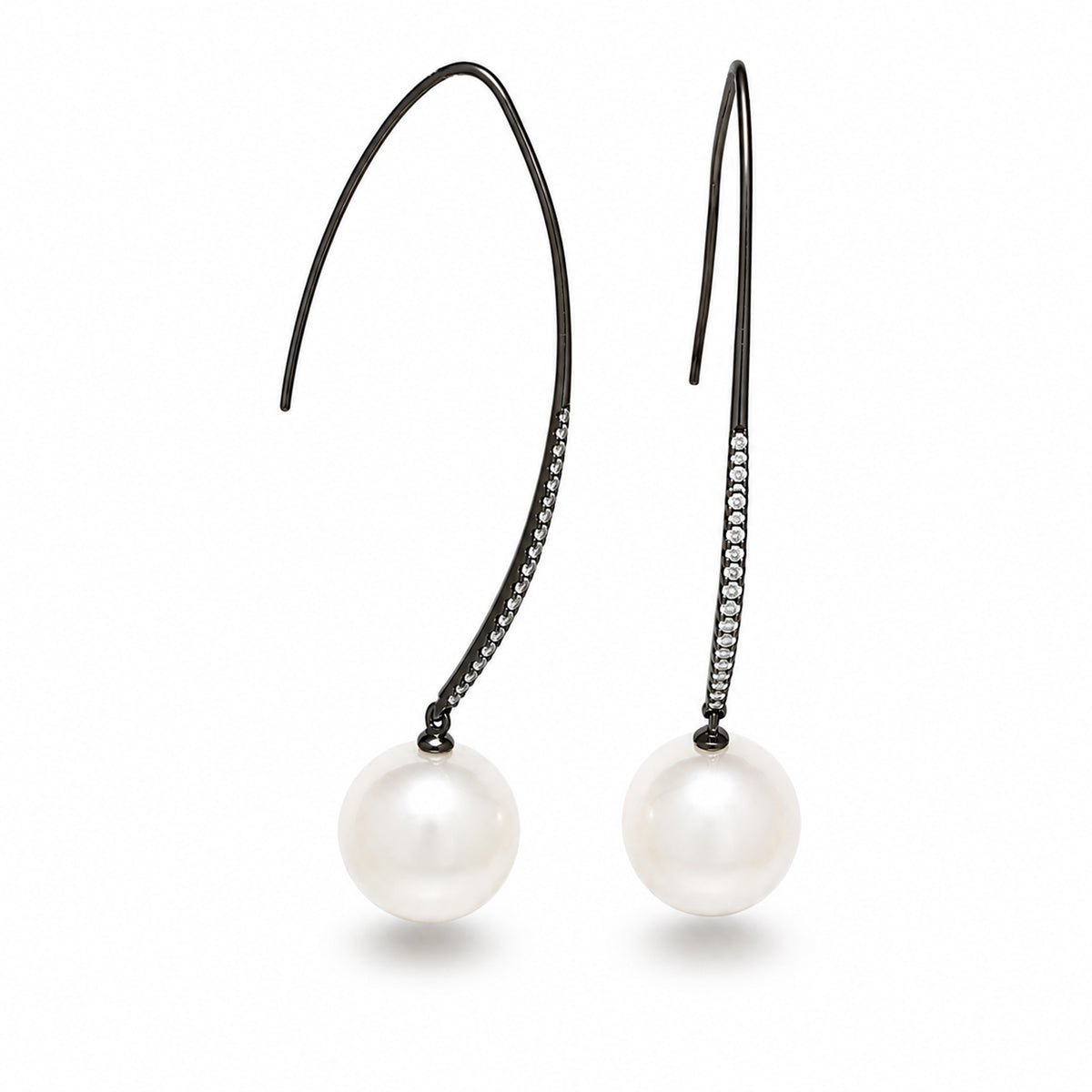 11.0-12.0 mm White Freshwater Pearl and Diamond Drop Earrings