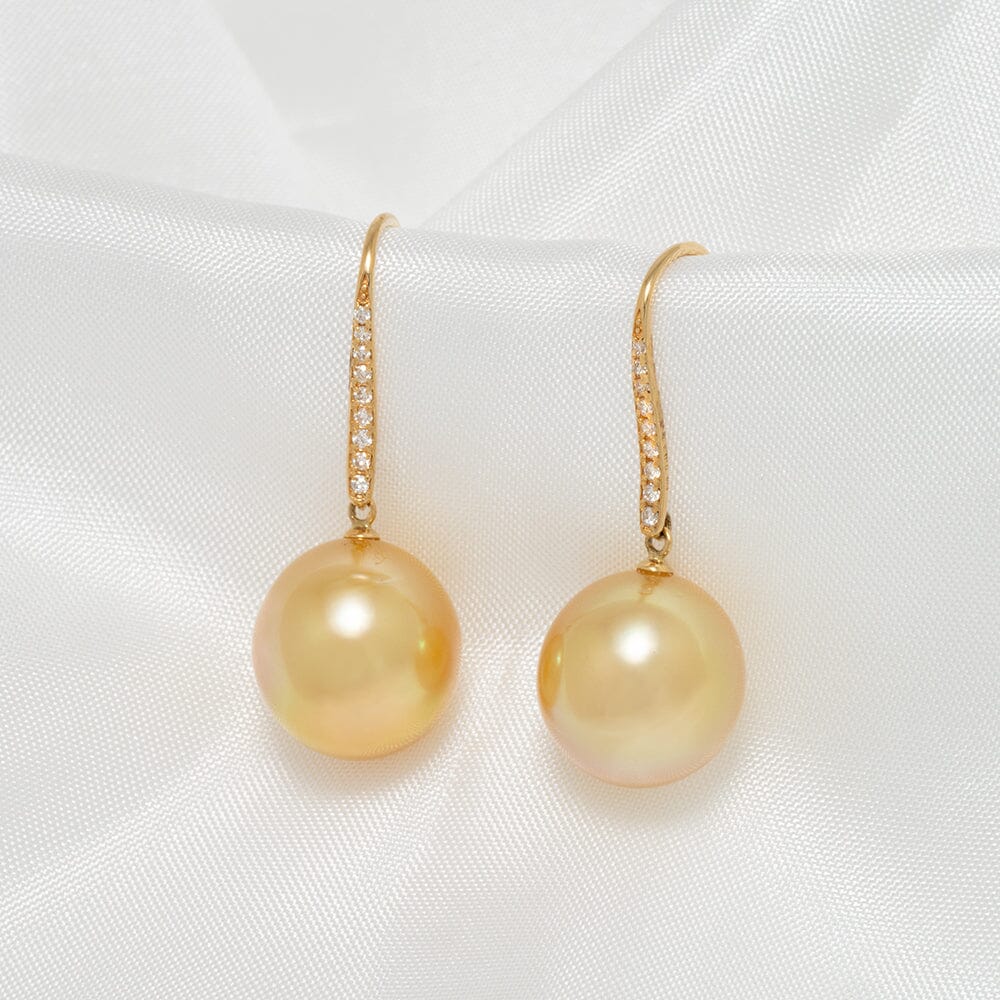 11.0-12.0 mm Golden South Sea Pearl and Diamond Drop Earrings
