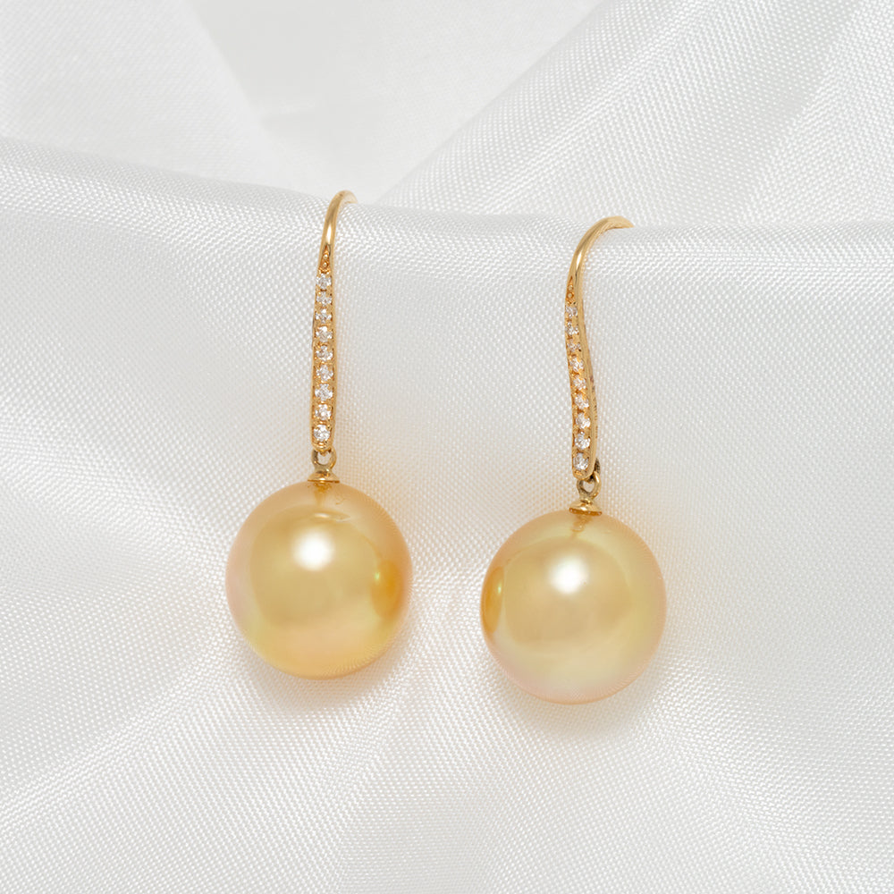 11.0-12.0 mm Golden South Sea Pearl and Diamond Drop Earrings