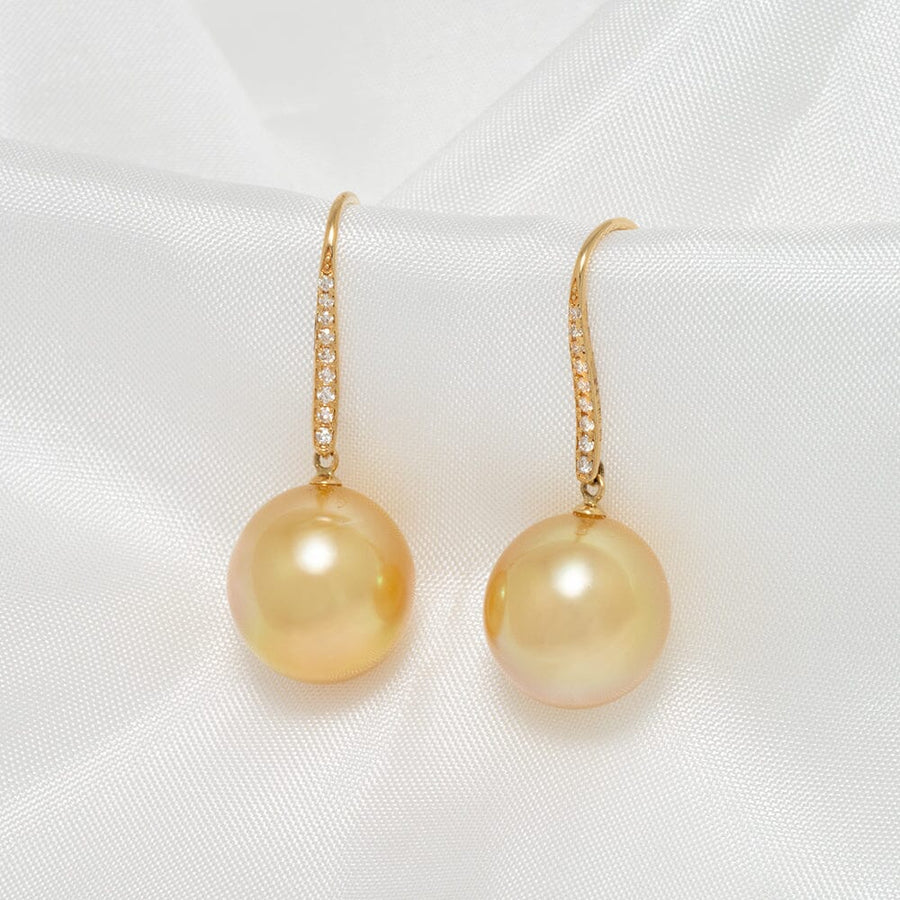 11.0-12.0 mm Golden South Sea Pearl and Diamond Drop Earrings