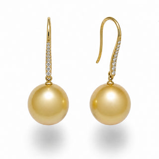 11.0-12.0 mm Golden South Sea Pearl and Diamond Drop Earrings