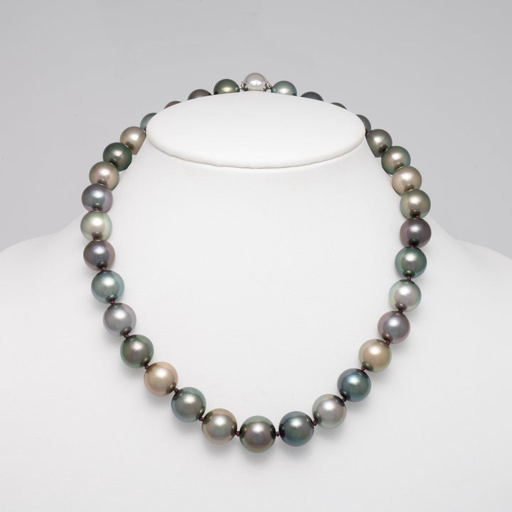 12.0–14.0 mm AA+/AAA Dark Multicolor Tahitian Round Pearl Necklace on bust