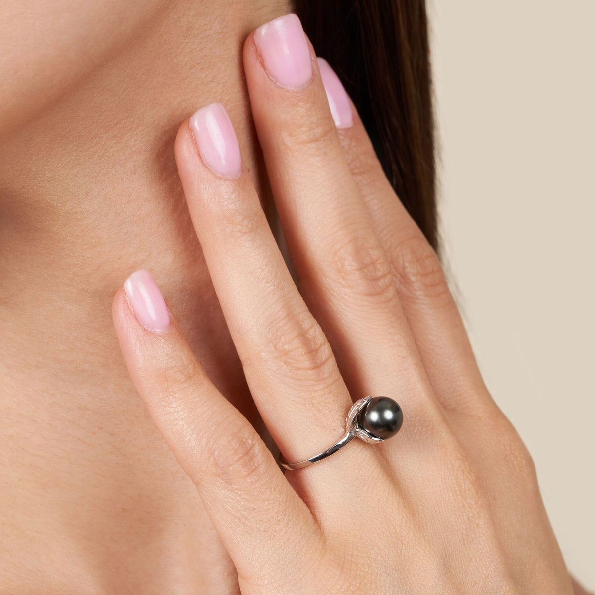 Leaf Collection Tahitian Pearl Ring White Gold on model