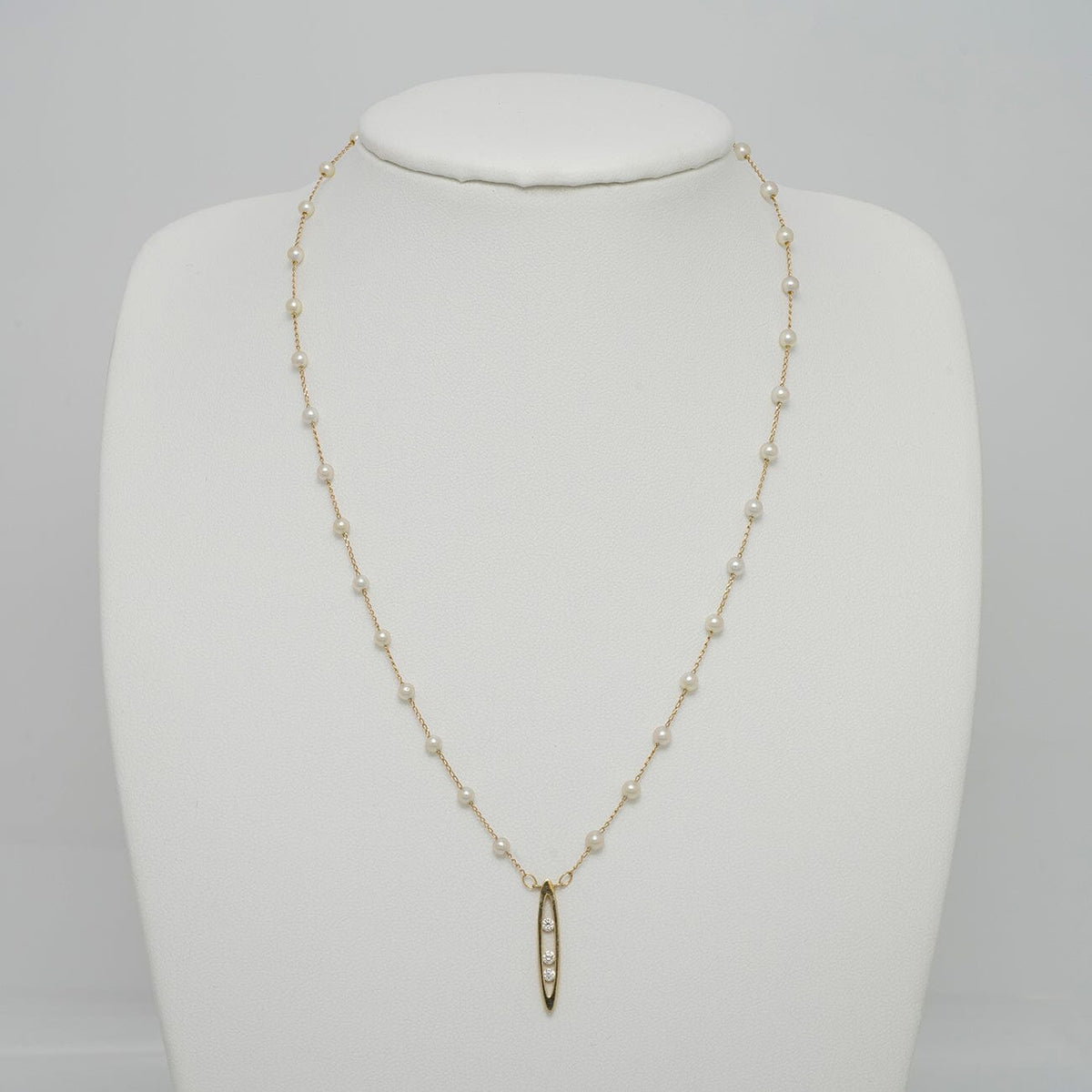 TC-18: 3-3.5 mm Vietnamese Akoya Pearl and Diamond Tin Cup Necklace, view 2