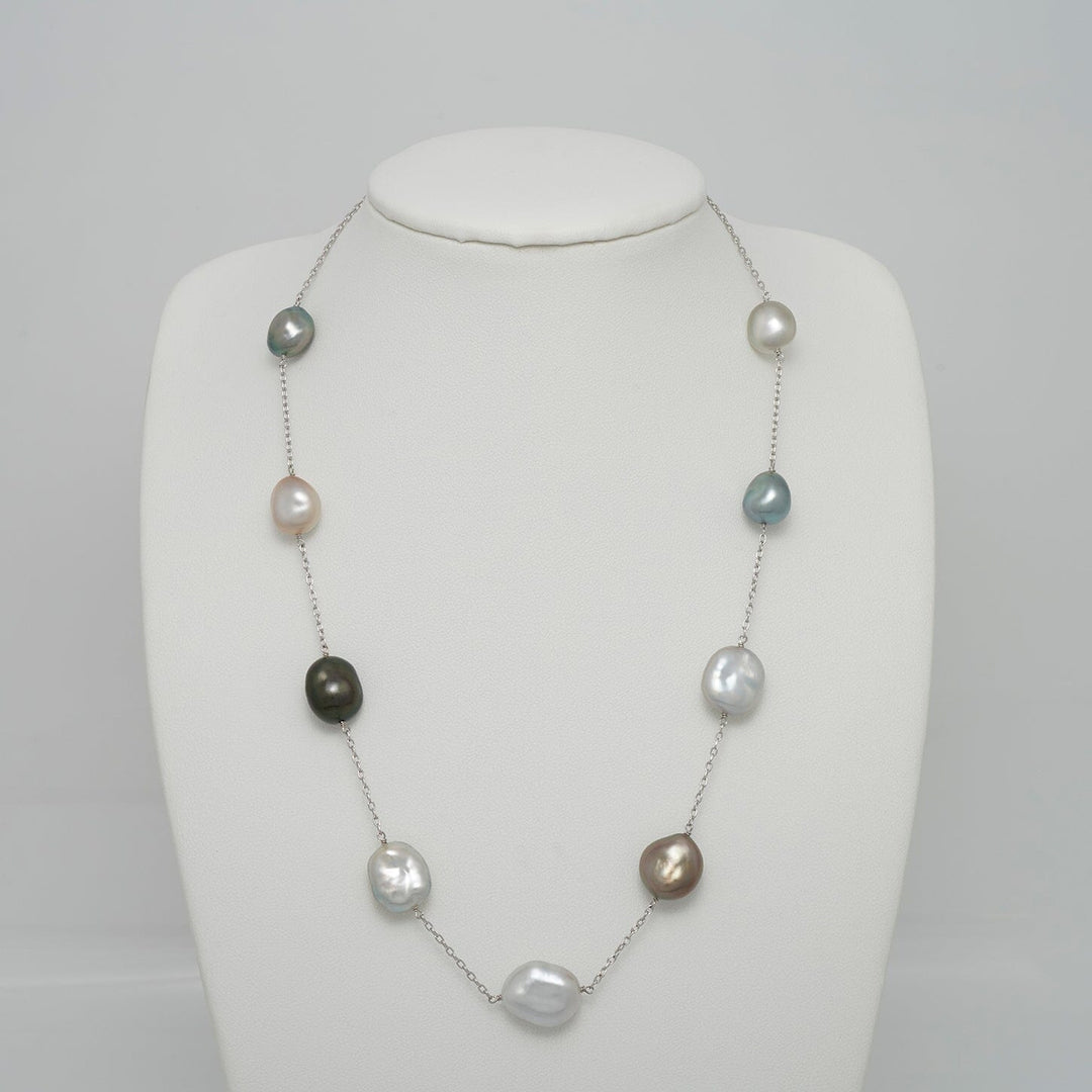 TC-28: 10.3-12.5 mm Fijian Keshi Pearl Tin Cup Necklace, 18", 14K