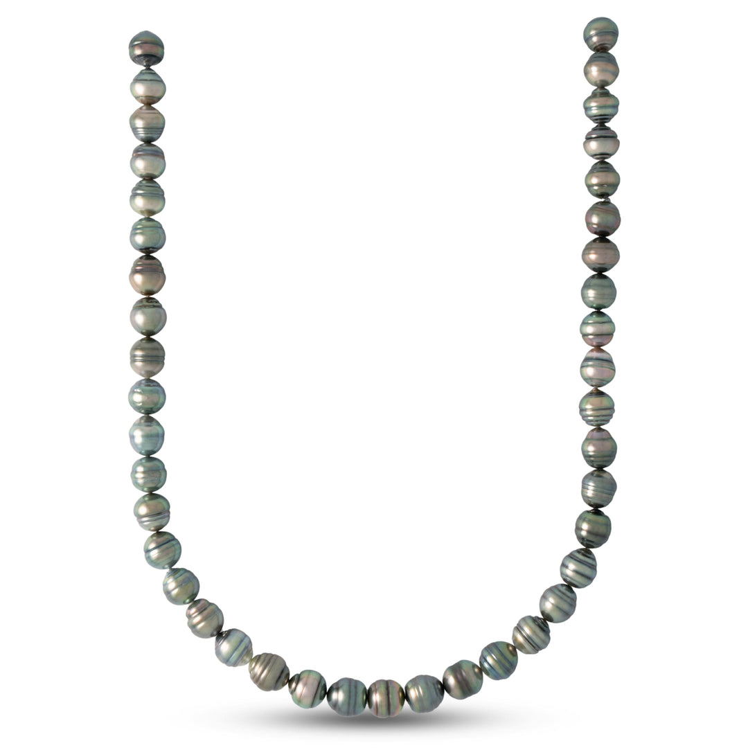 This one-of-a-kind Tahitian pearl necklace features circled baroque pearls measuring 10.0–11.0 mm. .