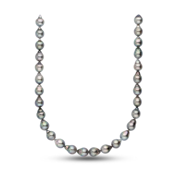 11.2-11.9 mm AAA Tahitian Drop Pearl Necklace featuring lustrous black and gray pearls with subtle iridescent overtones on a white background.