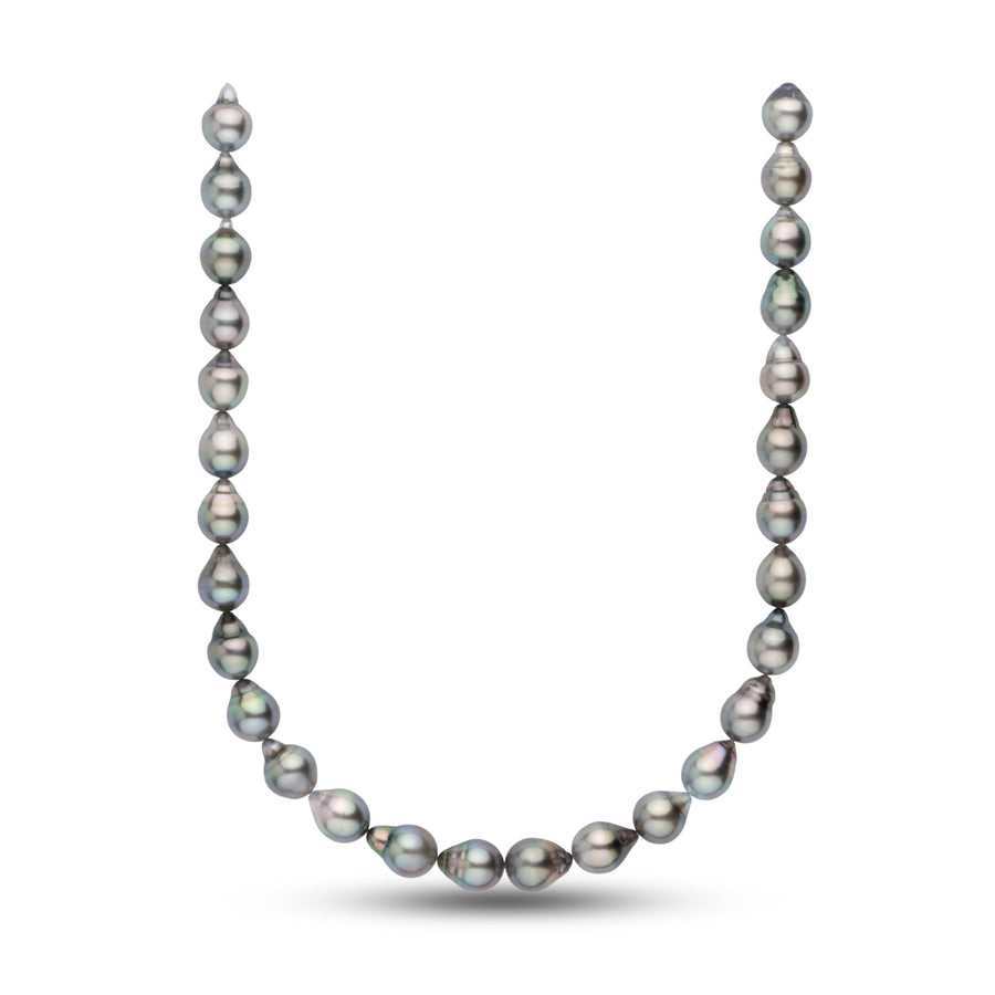 11.2-11.9 mm AAA Tahitian Drop Pearl Necklace featuring lustrous black and gray pearls with subtle iridescent overtones on a white background.