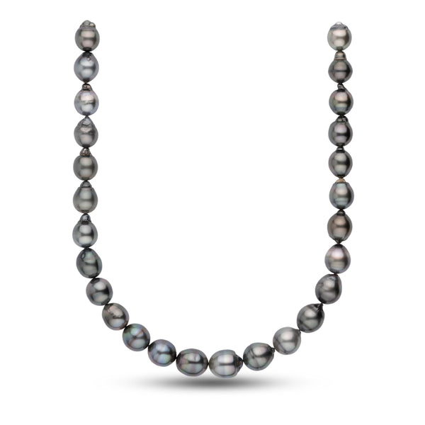 12.0-14.1 mm AA+ Baroque Tahitian Pearl Necklace featuring lustrous, irregular-shaped black pearls with subtle metallic overtones, perfect for elegant and unique pearl jewelry collections.