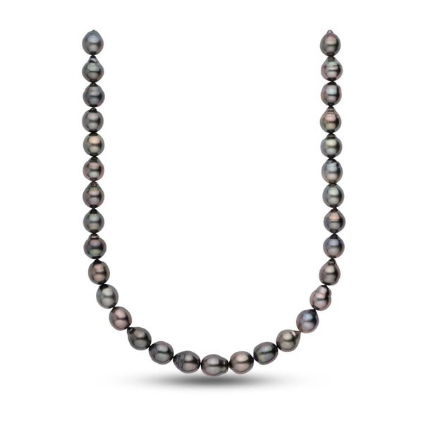 10.8-11.9 mm AA+ Baroque Tahitian Pearl Necklace featuring unique black pearls with iridescent shades of green, blue, and purple, showcasing cultured baroque pearls in a classic strand design.