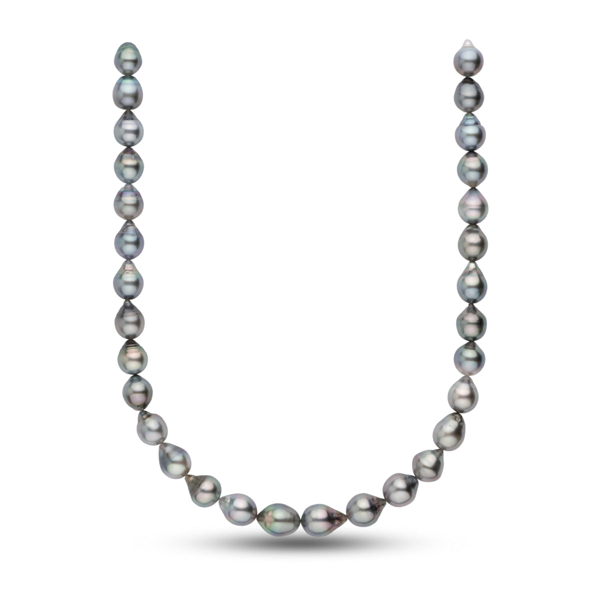 10.2-12.2 mm AA+/AAA Tahitian Drop Pearl Necklace featuring lustrous black and gray cultured pearls with subtle iridescent overtones, elegantly strung in a classic design.