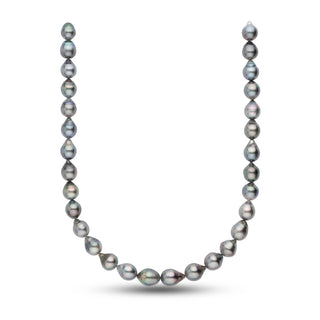 10.2-12.2 mm AA+/AAA Tahitian Drop Pearl Necklace featuring lustrous black and gray cultured pearls with subtle iridescent overtones, elegantly strung in a classic design.