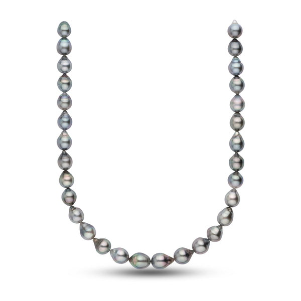 10.2-12.2 mm AA+/AAA Tahitian Drop Pearl Necklace featuring lustrous black and gray cultured pearls with subtle iridescent overtones, elegantly strung in a classic design.