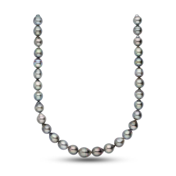 Elegant 11.2-12.9 mm AA+ Baroque Tahitian Pearl Necklace featuring lustrous, irregularly shaped black and grey cultured pearls with subtle iridescent overtones.