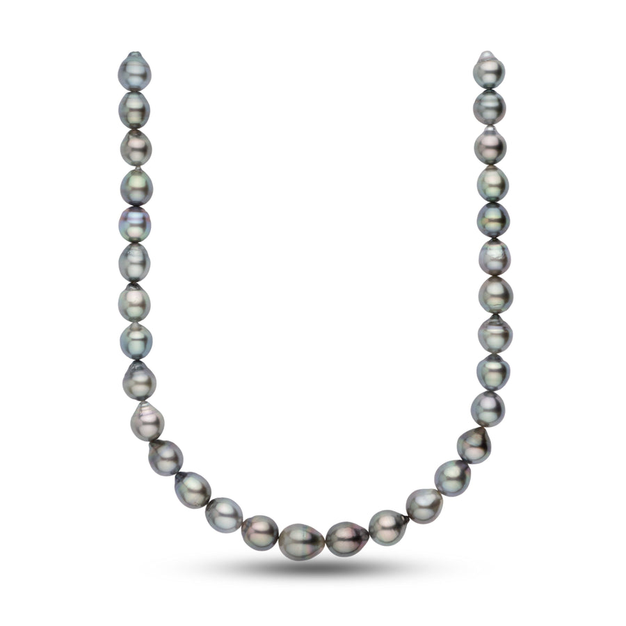 Elegant 11.2-12.9 mm AA+ Baroque Tahitian Pearl Necklace featuring lustrous, irregularly shaped black and grey cultured pearls with subtle iridescent overtones.