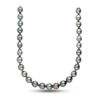 12.1-14.0 mm AA+/AAA Baroque Tahitian Pearl Necklace featuring lustrous, irregular-shaped black and gray cultured pearls with subtle color variations and a natural sheen.