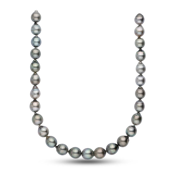 12.1-14.0 mm AA+/AAA Baroque Tahitian Pearl Necklace featuring lustrous, irregular-shaped black and gray cultured pearls with subtle color variations and a natural sheen.