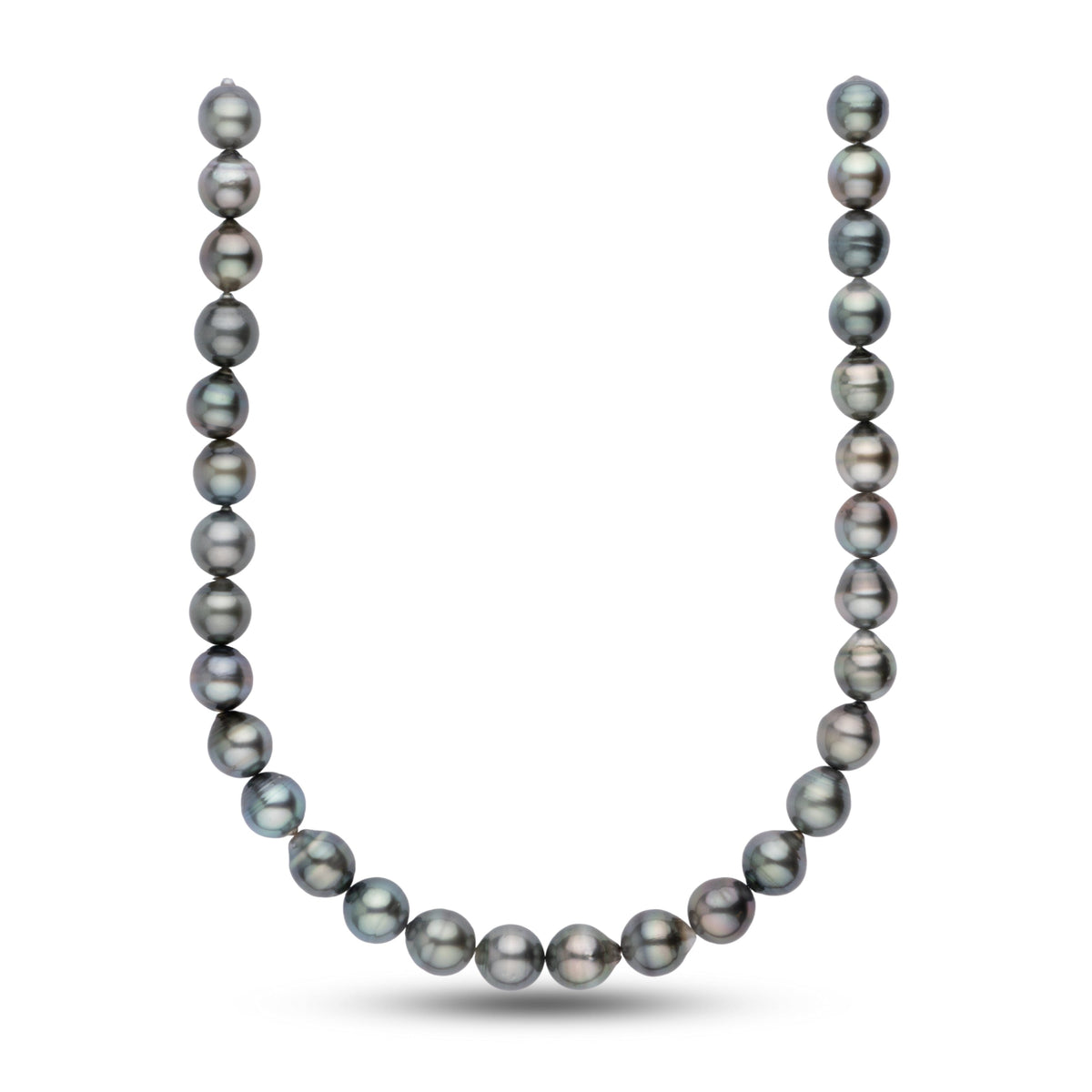 12.1-12.7 mm AA+ Baroque Tahitian Pearl Necklace featuring lustrous, irregularly shaped black and grey pearls with subtle overtones, elegantly arranged in a classic strand style.