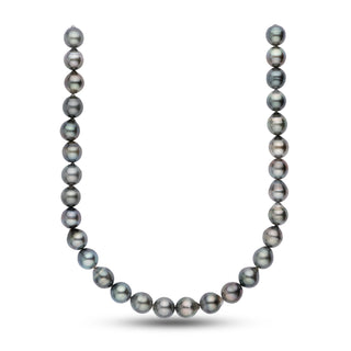 12.1-12.7 mm AA+ Baroque Tahitian Pearl Necklace featuring lustrous, irregularly shaped black and grey pearls with subtle overtones, elegantly arranged in a classic strand style.