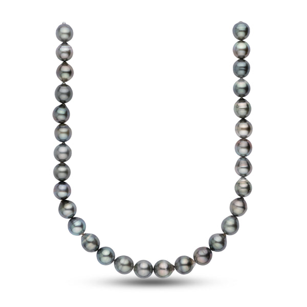 12.1-12.7 mm AA+ Baroque Tahitian Pearl Necklace featuring lustrous, irregularly shaped black and grey pearls with subtle overtones, elegantly arranged in a classic strand style.
