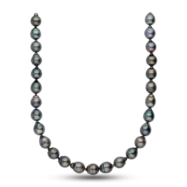 12.0-12.9 mm AA+ Baroque Tahitian Pearl Necklace featuring lustrous black and gray pearls with unique organic shapes, showcasing fine cultured Tahitian pearls.
