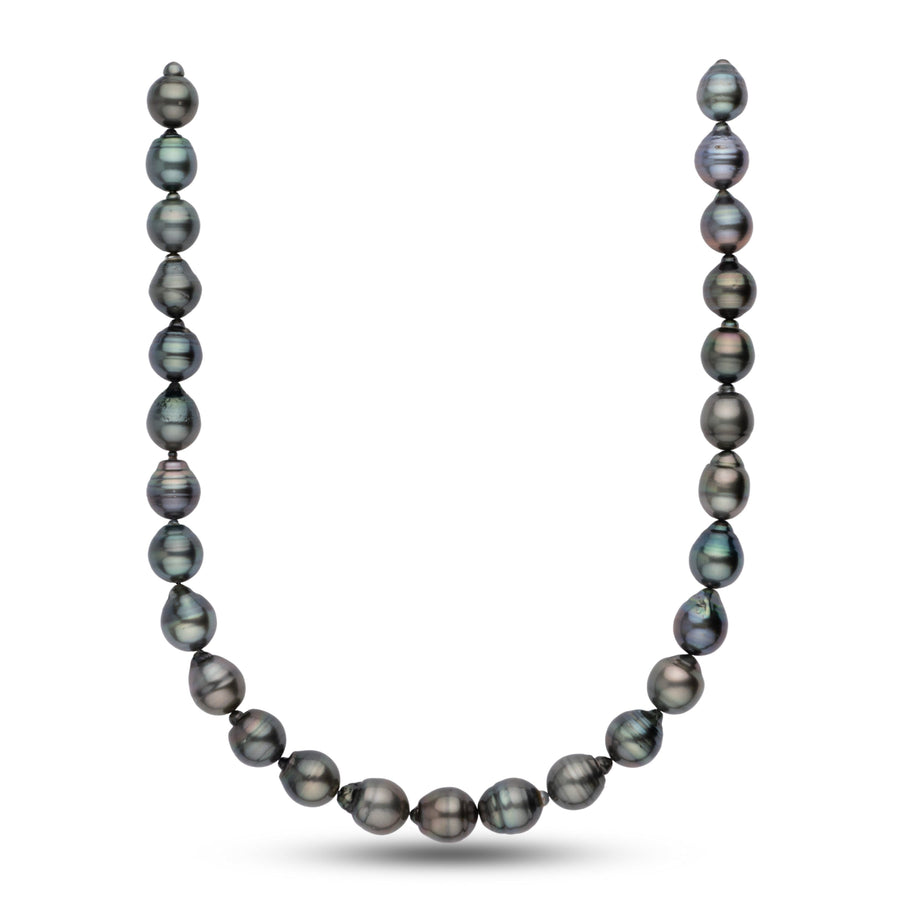 12.0-12.9 mm AA+ Baroque Tahitian Pearl Necklace featuring lustrous black and gray pearls with unique organic shapes, showcasing fine cultured Tahitian pearls.